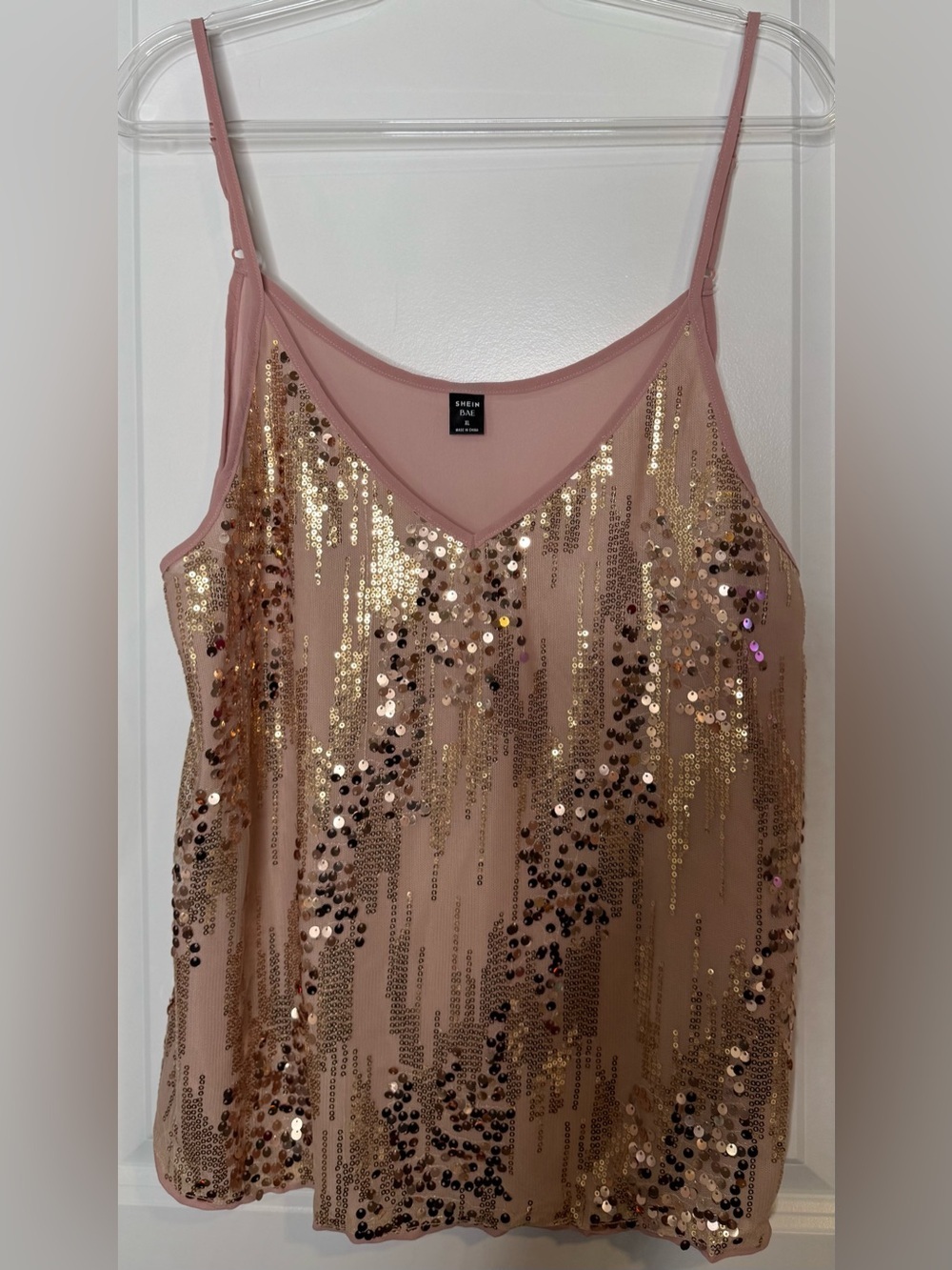 SHEIN Blush Pink Sequin V-Neck Cami mauve blush adjustable sz XL